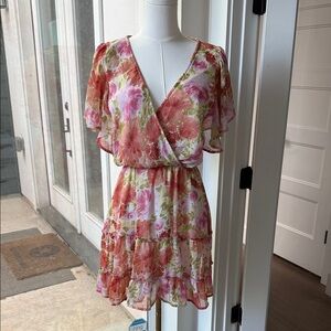 The Impeccable Pig Pink and Coral Floral Wrap Mini Dress